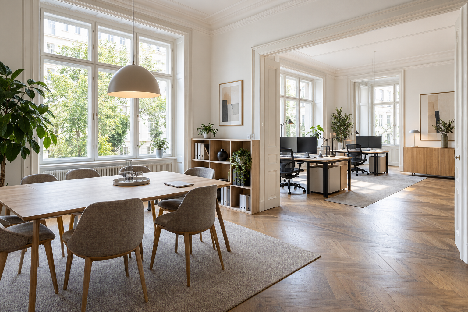 Heller Bürostandort mit Besprechungsbereich und Blick in einen grünen Hof